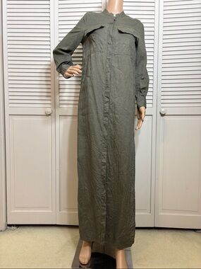 Goop G. Label Linen Olive Green Button-Front Maxi Dress Utility Pockets Size 6
